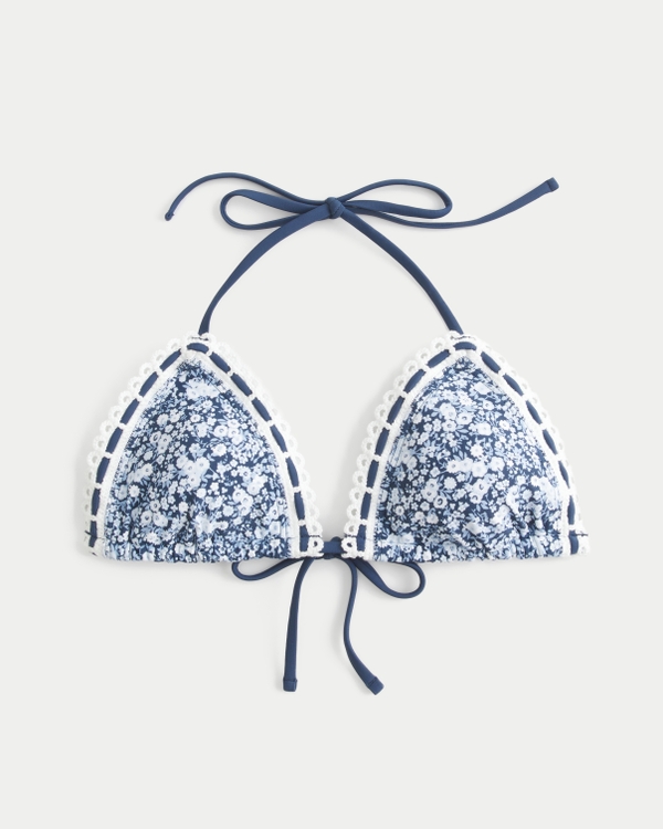 Stitched Trim Halter Triangle Bikini Top, Navy Blue Floral view 1