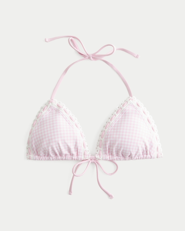 Stitched Trim Halter Triangle Bikini Top, Light Pink Plaid view 1