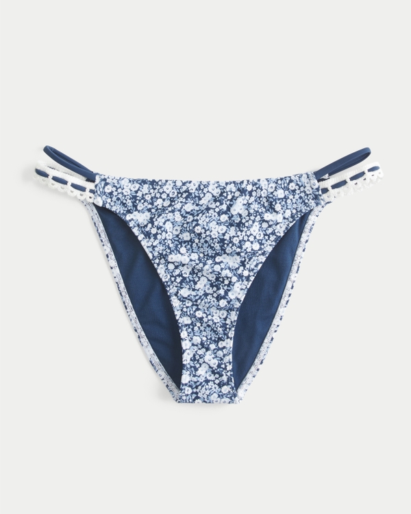 Stitched Double-Strap Cheeky Bikini Bottom, Navy Blue Floral view 1