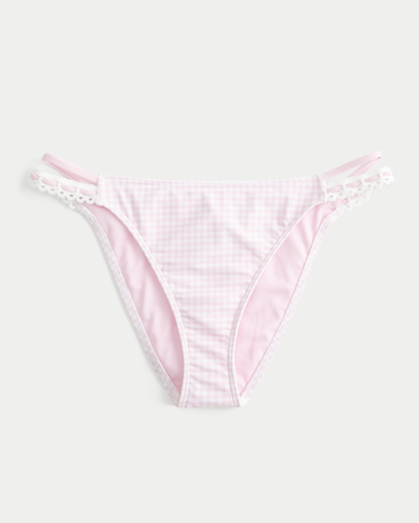 Stitched Double-Strap Cheeky Bikini Bottom, Light Pink Check view 1