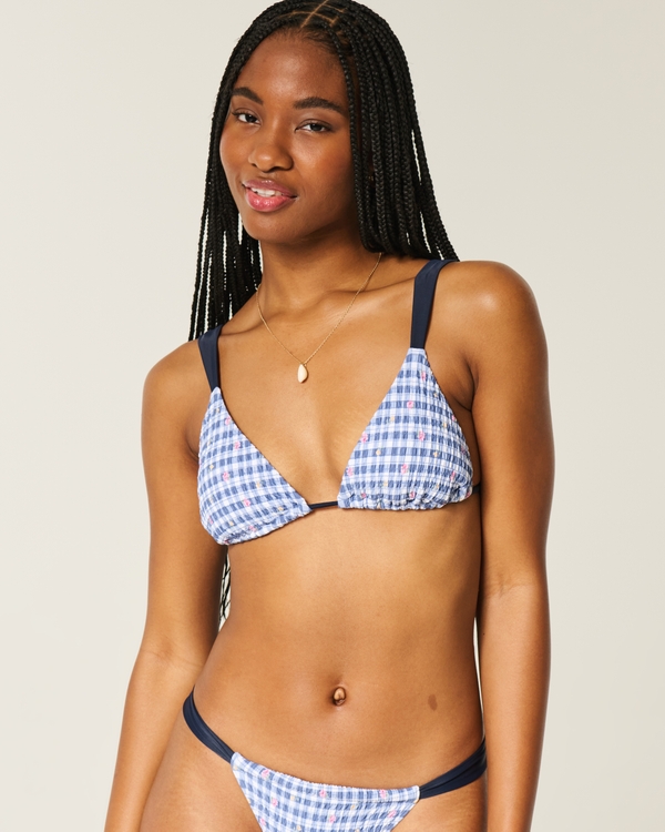 Smocked Over-the-Shoulder Triangle Bikini Top, Navy Blue Plaid view 1