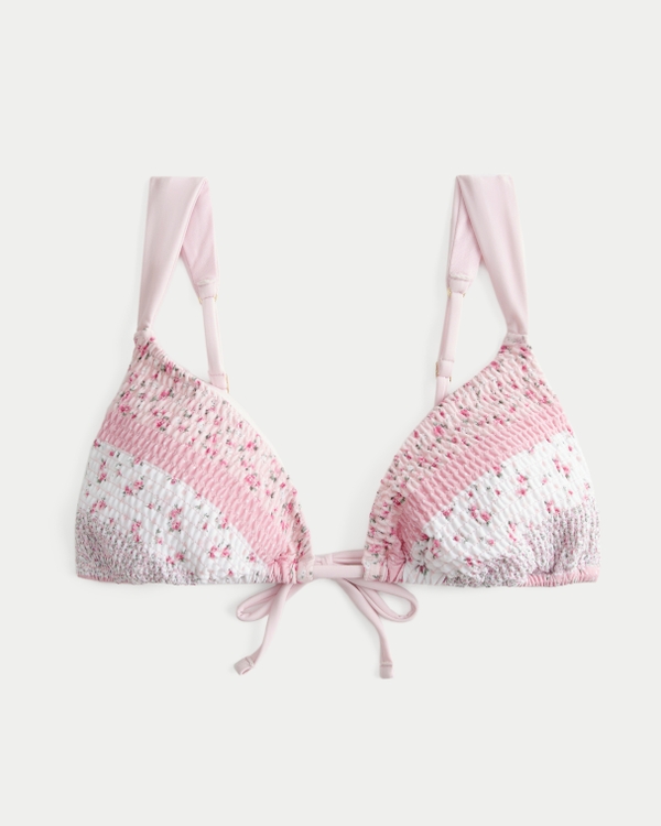 Smocked Over-the-Shoulder Triangle Bikini Top, Light Lilac Floral view 2