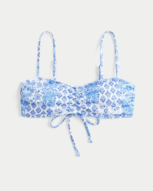Haut de bikini côtelé à encolure dégagée et noué, Bleu À Fleurs view 1