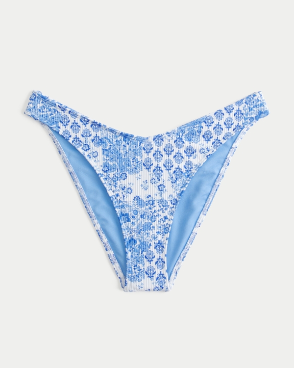 Ribbed High-Leg Cheeky Bikini Bottom, Blue Print view 2