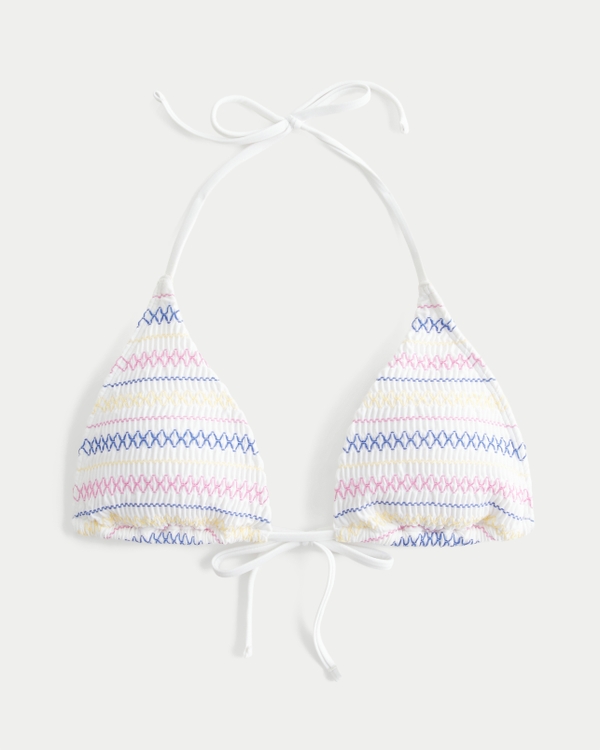 Top bikini a triangolo con allacciatura al collo e lavorazione a punto smock, Bianco A Righe view 1