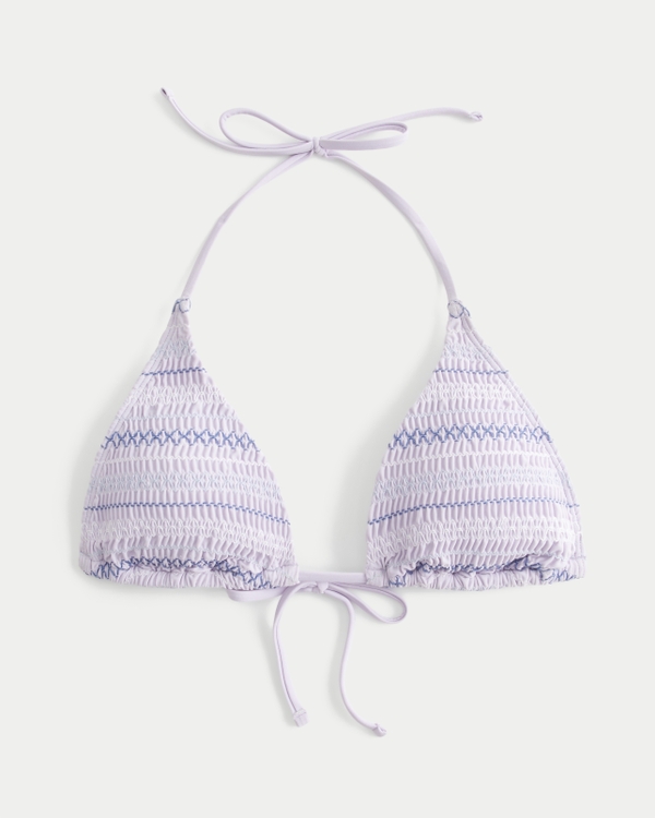 Top bikini a triangolo con allacciatura al collo e lavorazione a punto smock, Viola Pastello view 1