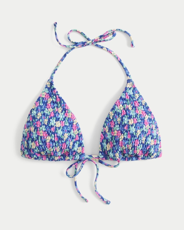 Smocked Halter Triangle Bikini Top, Dark Blue Floral view 1