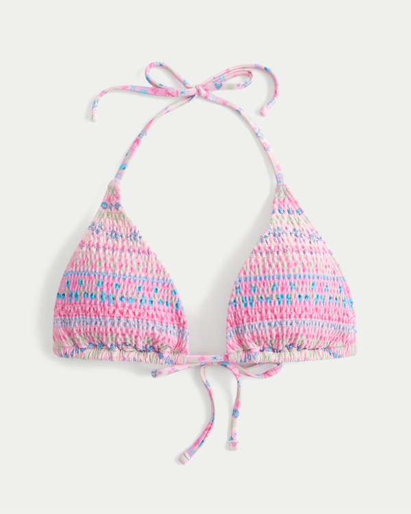 Smocked Halter Triangle Bikini Top, Pink Pattern view 1