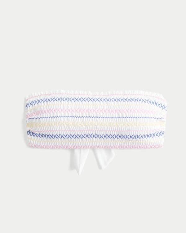 Smocked Bandeau Bikini Top, White Stripe view 1