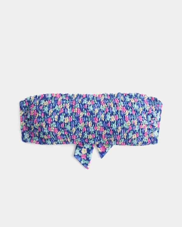 Smocked Bandeau Bikini Top, Dark Blue Floral view 1