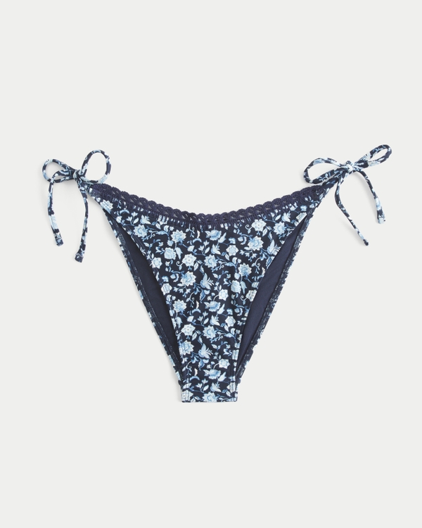 Crochet-Style Trim Side Tie Cheeky Bikini Bottom, Navy Blue Floral view 1