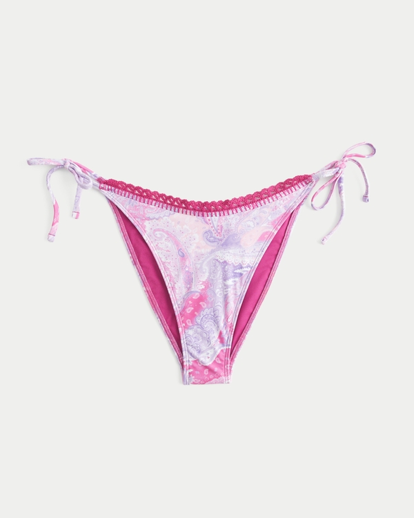 Crochet-Style Trim Side Tie Cheeky Bikini Bottom, Dark Pink view 1
