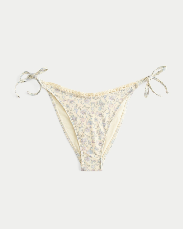 Crochet-Style Trim Side Tie Cheeky Bikini Bottom, Light Yellow view 1