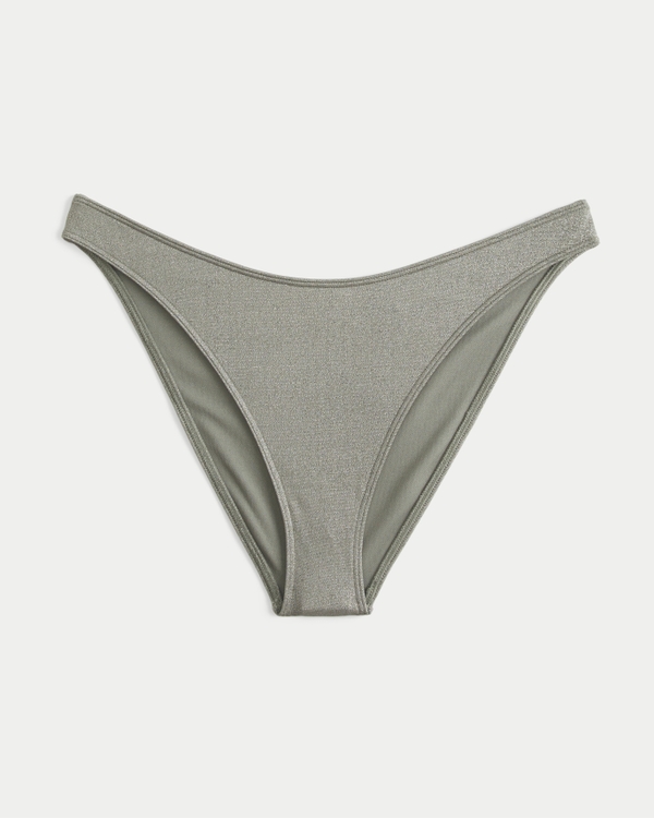 Shimmer High-Leg Cheeky Bikini Bottom, Olive Green Shine view 1