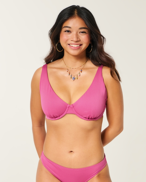 Top Bikini Curvy ad Apice Alto a Coste con Ferretto, Magenta view 1