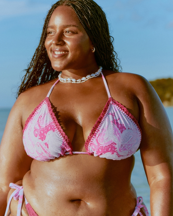 Top de bikini de triángulo con adorno de pespuntes, Estampado Magenta view 1