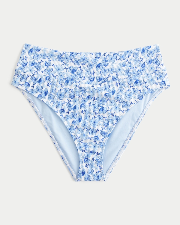 Ribbed High-Waist Bikini Bottom, Light Blue Floral view 1