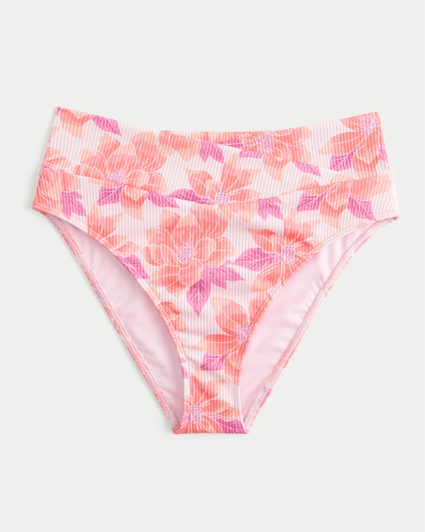 Ribbed High-Waist Bikini Bottom, Pink Floral view 1