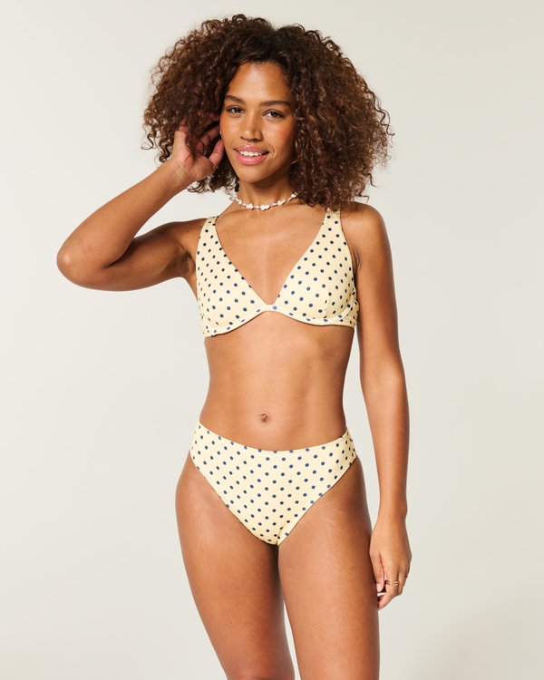 Curvy High-Leg High-Waist Ribbed Cheeky Bikini Bottom, Butter Yellow Dot view 1