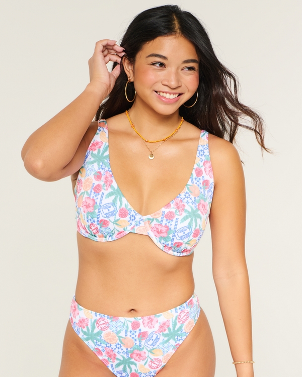 Curvy High Apex Ribbed Underwire Bikini Top, White Print view 2