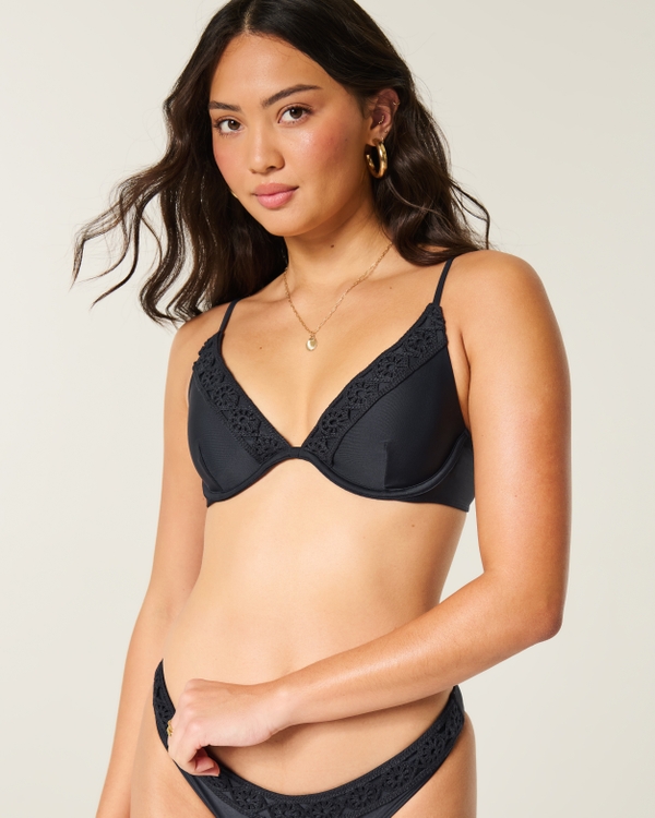 Top bikini con ferretto e bordino in stile uncinetto, Nero view 1