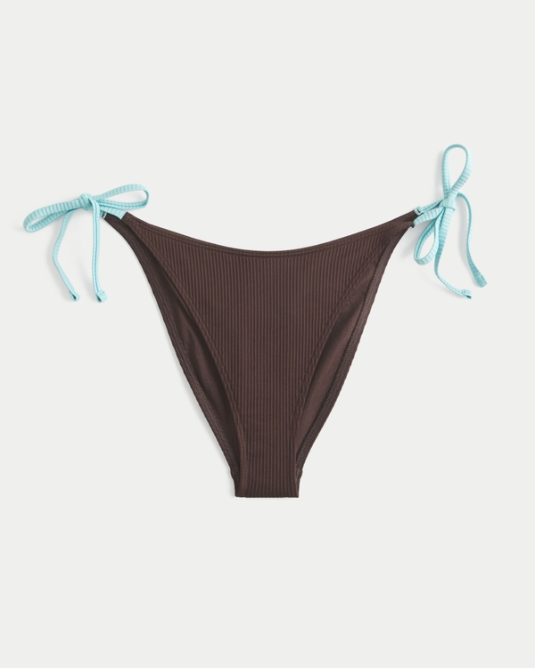 Rib Side Tie Cheeky Bikini Bottom, Brown view 1