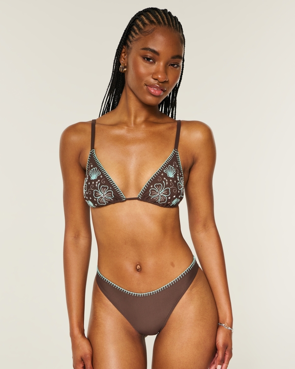 Embellished Stitch Over-the-Shoulder Triangle Bikini Top, Brown Embellishment view 1
