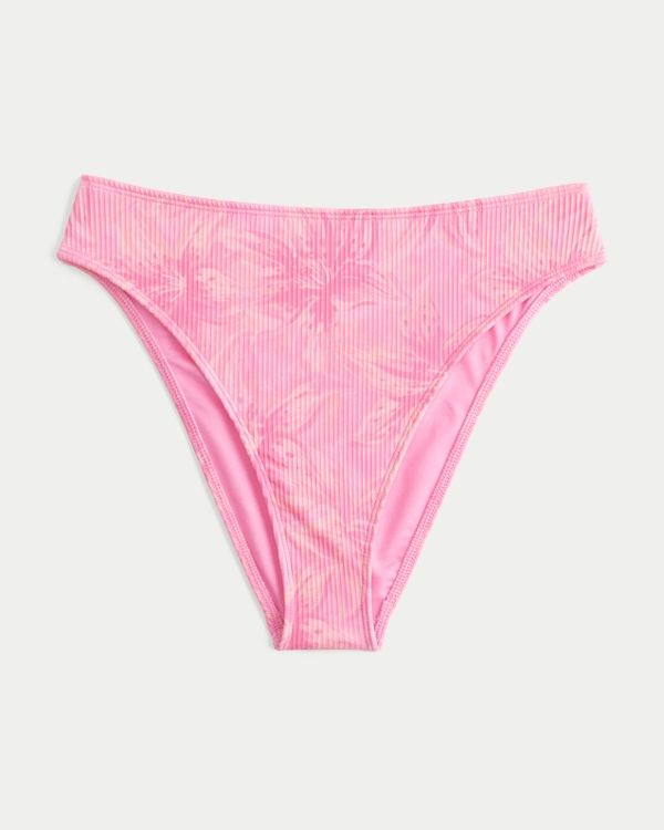 Curvy High-Leg High-Waist Ribbed Cheeky Bikini Bottom, Coral Floral view 1