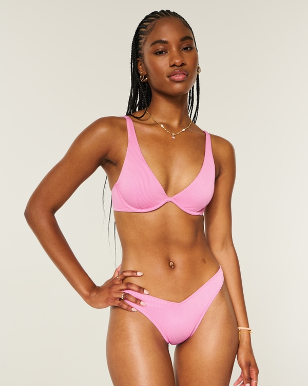 Rib High Apex Underwire Bikini Top, Pink view 1