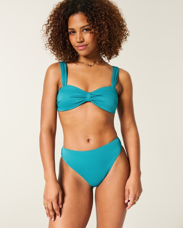 Curvy High-Leg High-Waist Rib Cheeky Bikini Bottom, Teal view 1