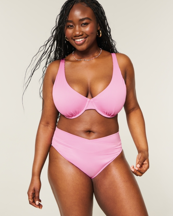Rib High-Waist Bikini Bottom, Pink view 1