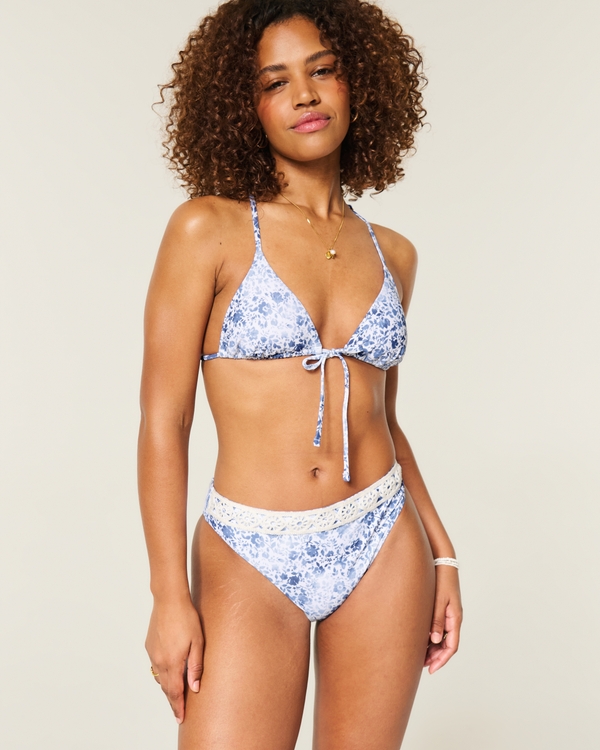 Curvy Crochet-Style Trim High Waist Cheeky, Light Blue Floral view 1