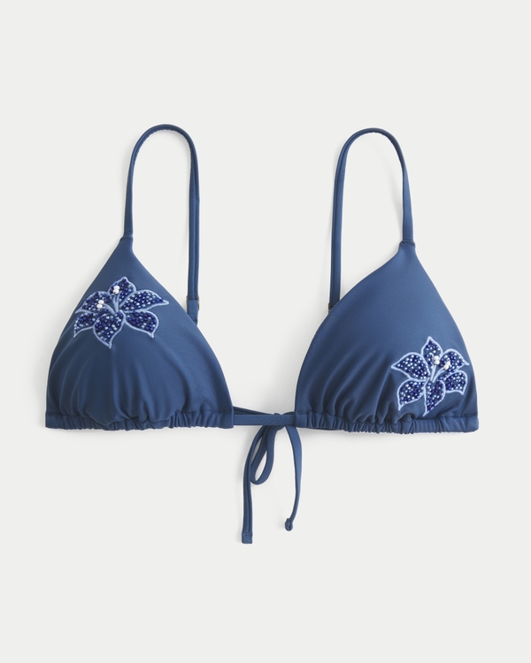 Embellished Over-the-Shoulder Triangle Bikini Top, Navy view 1