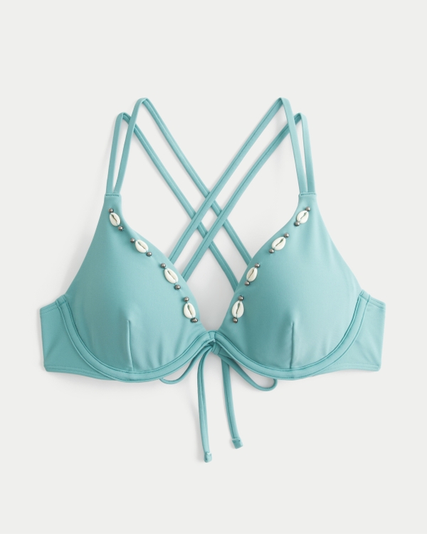 Top bikini con ferretto, schiena con spalline incrociate, decorato con conchiglie, Turchese view 1