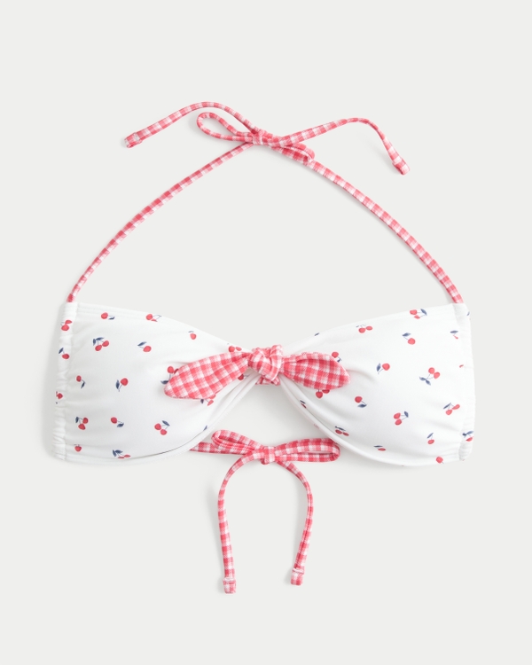 Tie-Front Halter Bandeau Bikini Top, White Pattern view 1