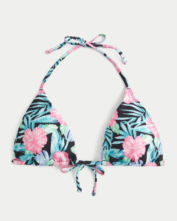 Ribbed Triangle Bikini Top, Black Floral view 1