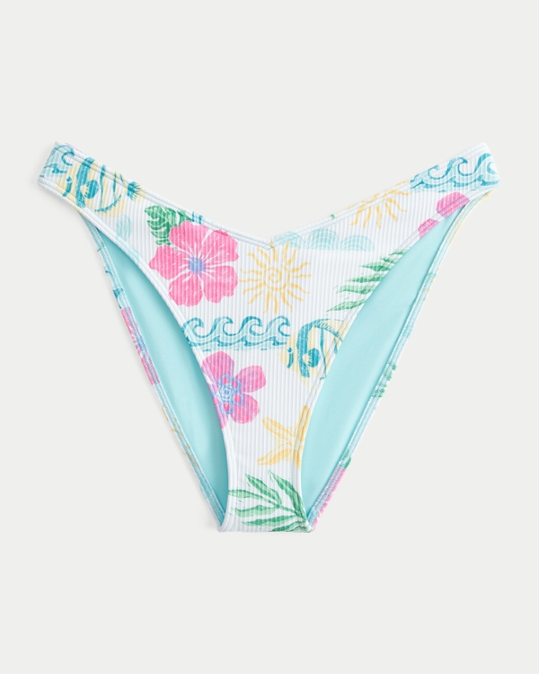Ribbed Cheeky Bikini Bottom, White Print view 1