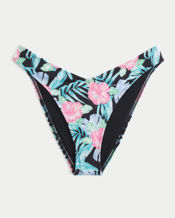 Ribbed Cheeky Bikini Bottom, Black Floral view 1