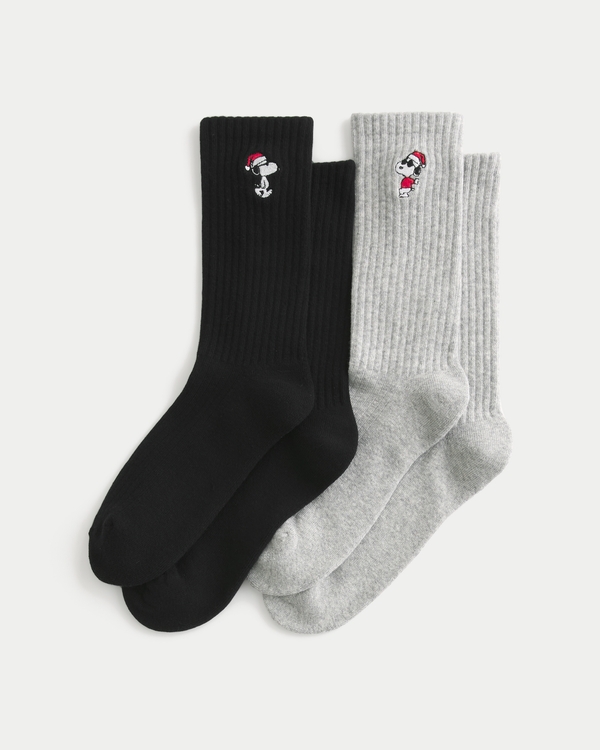 Snoopy Graphic Crew Socks 2-Pack, Heather Gray - Black