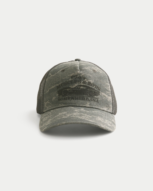 Mac's Muscles & Rods Graphic Camo Trucker Hat, Olive Camo view 1
