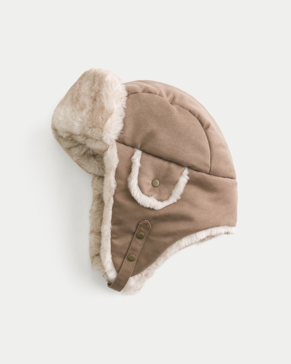 Faux Fur-Lined Trapper Hat, Tan view 1