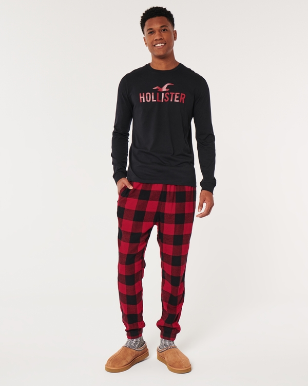 Long-Sleeve Logo Graphic Tee & Pajama Pants Set, Black - Red Check