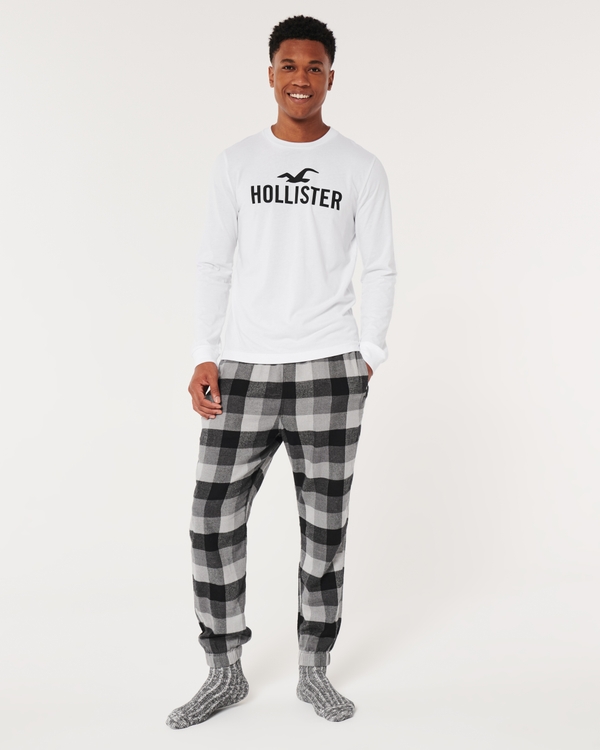 Long-Sleeve Logo Graphic Tee & Pajama Pants Set, White - Grey Check