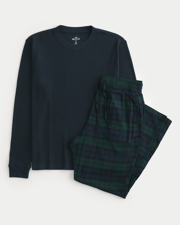 Long-Sleeve Waffle T-Shirt & Flannel Pajama Pants Set, Navy - Navy Plaid