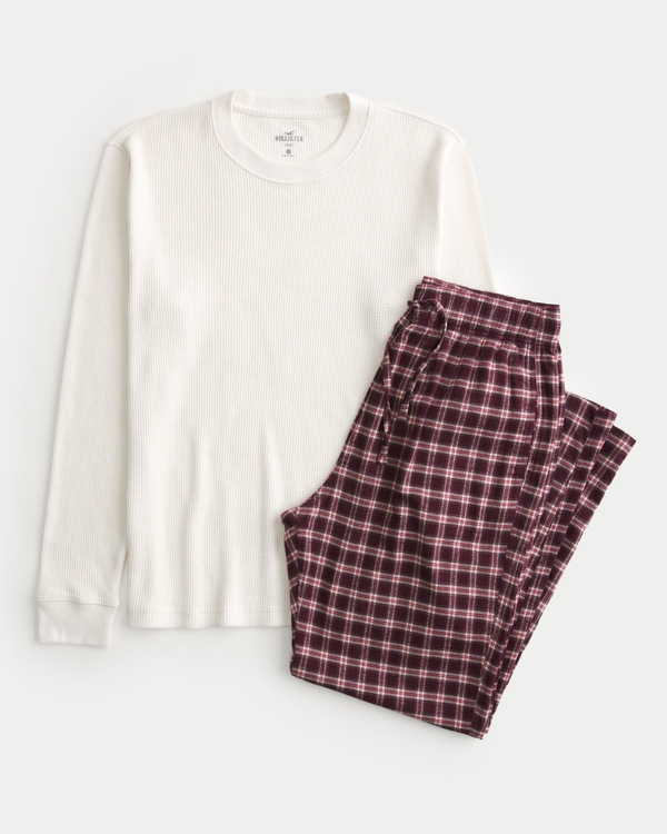 Long-Sleeve Waffle T-Shirt & Flannel Pajama Pants Set, Cream - Burgundy Plaid