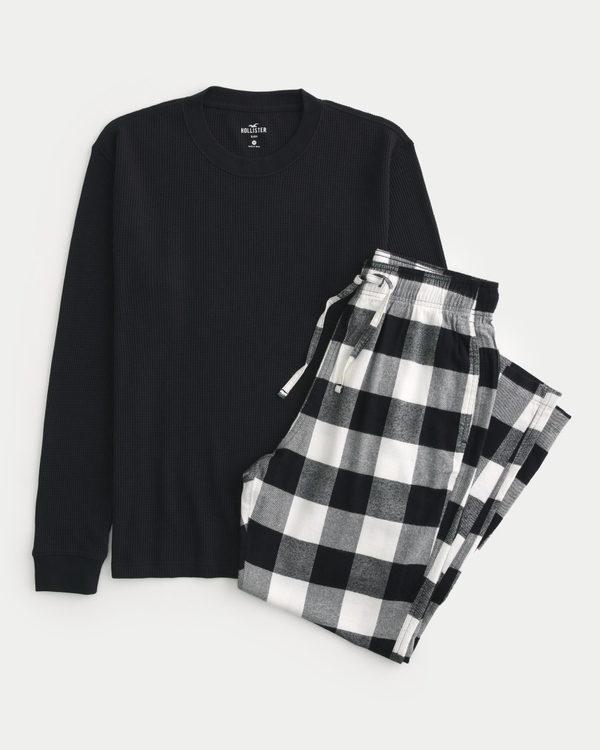 Long-Sleeve Waffle T-Shirt & Flannel Pajama Pants Set, Black - Black Check