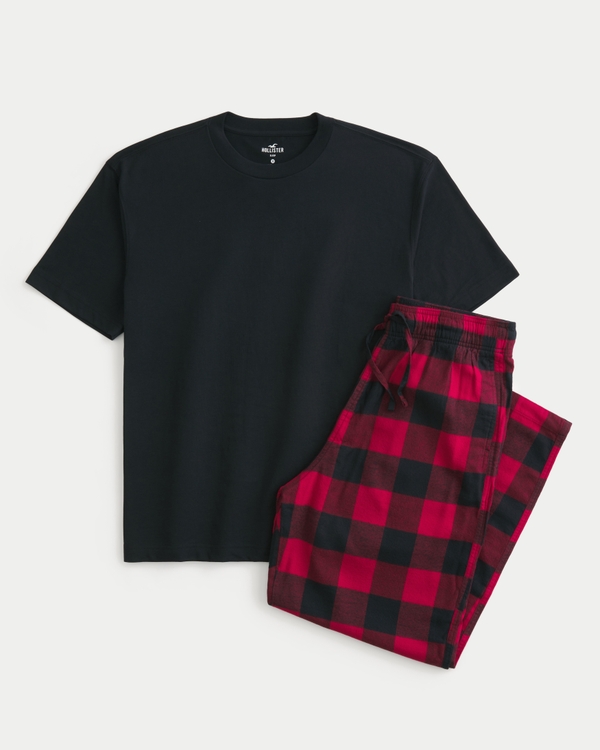 Crew T-Shirt & Flannel Pajama Pants Set, Black - Red Check view 1