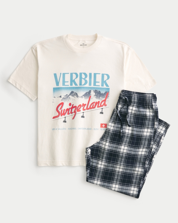 Switzerland Graphic Tee & Flannel Pajama Pants Set, Cream - Black Plaid view 1