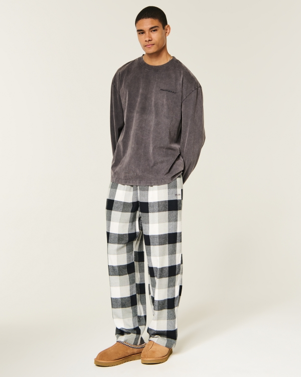 Baggy Flannel Pajama Pants, White And Black Check view 1