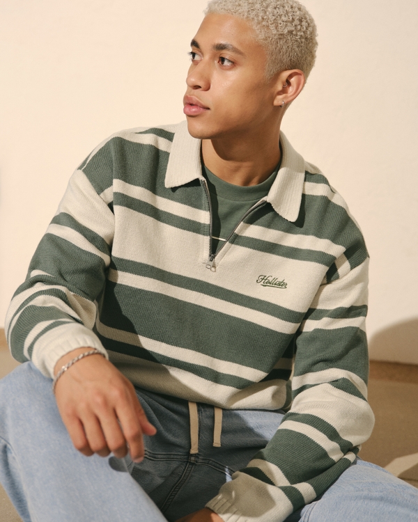 Boxy Logo Sweater Polo, Cream And Green Stripe view 1